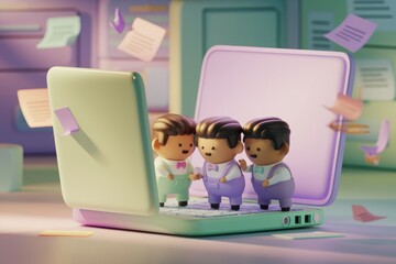 Poster - Three 3D animated characters collaborate on a laptop, symbolizing teamwork and digital project collaboration.