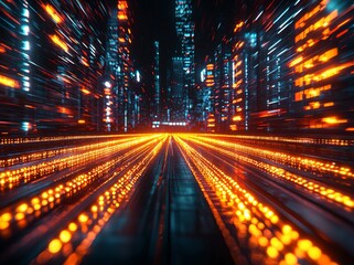 Fototapete - A hi-tech background design featuring yellow-orange neon glowing laser lines creates an abstract, futuristic motion effect that seamlessly loops