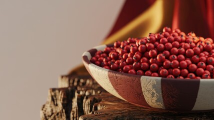 Poster - A rustic bowl brimming with vibrant red berries, rests on a weathered wooden surface against a blurred backdrop.