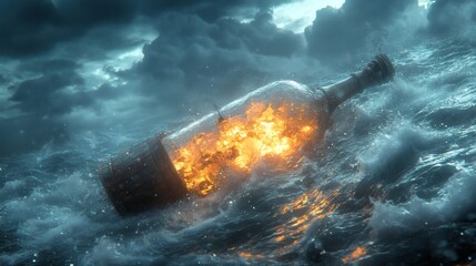 Poster - Digital art of ship in a bottle floating on turbulent waters storm clouds in the background Sea foam and bottle glass shine under dynamic lighting creating depth with Unreal Engine 5's realism effects