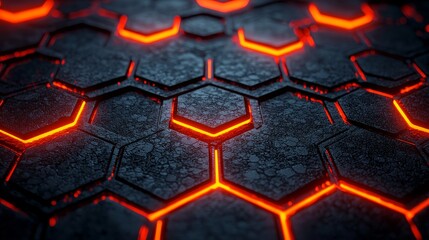 Poster - Hexagonal abstract dark metal background with red lines. Futuristic dark sci-fi hi-tech wallpaper featuring red lines