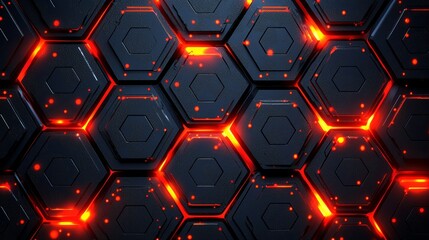 Poster - A dark metal background with hexagonal shapes and red lines, evoking a futuristic sci-fi hi-tech theme