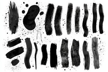 Poster - Abstract black paint strokes arranged on a white background showcasing various textures and patterns