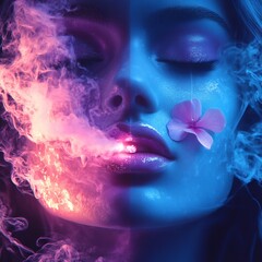 Poster - Digital art of dualcolored lips pink the left and blue on the right holding a cigarette with a pink flower tip Surrounding them is a cloud of pinkpurple smoke against a sleek black background