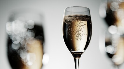 Poster - A celebratory champagne flute filled with sparkling wine, bubbles rising. Festive bokeh background.