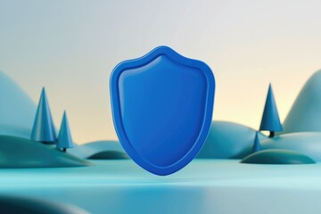 Poster - A blue shield icon stands in a serene, minimalist landscape, symbolizing protection and security.