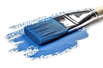 Poster - Brush applying vibrant blue paint on a surface during a creative home improvement project