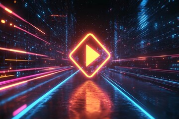 Poster - Neon arrow symbol in a vibrant digital landscape with glowing lines and reflections
