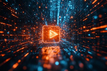 Poster - Visual representation of a digital environment showcasing streaming trends with bright neon colors and animated play symbol