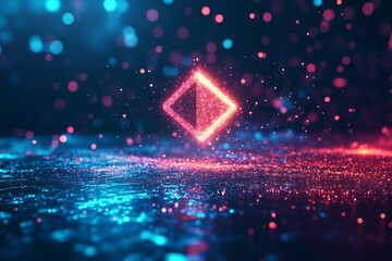 Aufkleber - Colorful geometric shape glowing in vibrant light amidst sparkling particles in a dark environment