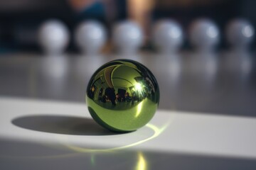 Poster - A single green reflective Christmas ball sits on a white surface, surrounded by blurred white balls.