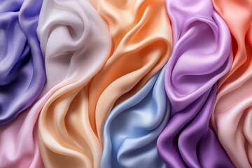 Aufkleber - Beautiful assortment of silk fabrics showcasing vibrant colors on a textured surface under soft lighting