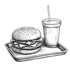 Wall Mural - Cheeseburger, soda, tray, lunch, restaurant, sketch, fast food, meal, drawing, illustration