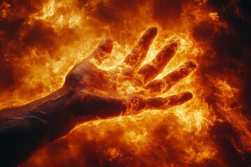 Poster - Fiery hand reaching out into the intense orange flames creating a dramatic visual effect