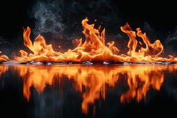 Poster - Vibrant flames reflecting on calm water in a dramatic display of fire and smoke