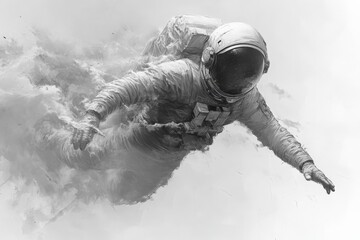 Poster - Astronaut exploring a surreal space environment filled with clouds and cosmic dust