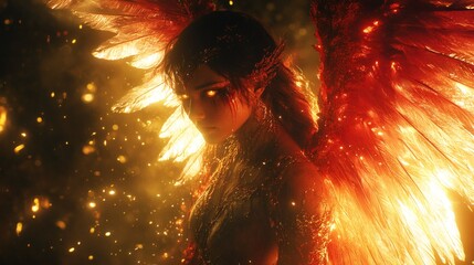Poster - Ethereal metallic angel bright red yellow black feathers with intricate redwhite patterns captured in Schlierenstyle night vision Neon lights illuminate the surreal otherworldly portrait