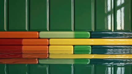 Wall Mural - Colorful blocks reflect on green surface, modern design