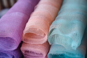 Poster - Colorful rolls of fabric stacked neatly in a craft store displaying a variety of textures and hues