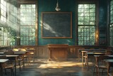 An old-fashioned classroom, drenched in warm sunlight, is furnished with wooden desks and a traditional chalkboard