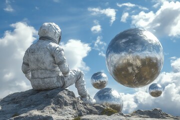 Aufkleber - Astronaut gazes at reflective spheres against a cloudy sky in a surreal, otherworldly landscape