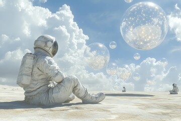 Aufkleber - Exploration and reflection in a dreamlike space landscape with astronauts and floating bubbles