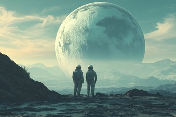 Poster - Astronauts observe a distant planet from the surface of a foreign landscape during twilight hours