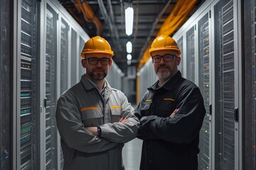 Leinwandbilder - Two technicians in a data center wearing safety gear and collaborating on server management