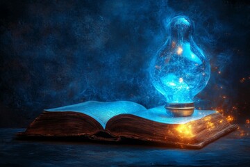 Poster - Magical book with glowing lamp surrounded by swirling blue smoke