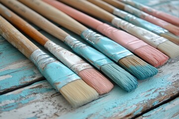Poster - Colorful paintbrushes lined up on weathered wood with vibrant bristles ready for artistic creations