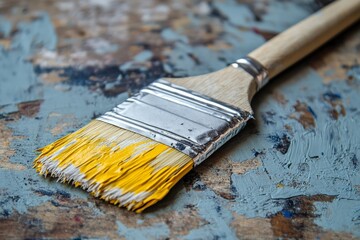 Poster - Brush with yellow bristles resting on a painted surface showing various shades, captured during an artistic project