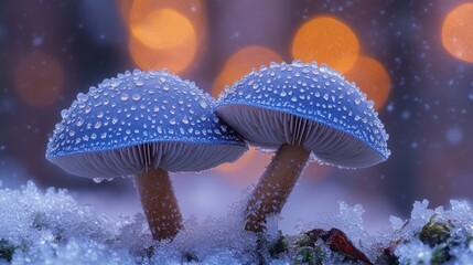 Snowy Forest Blue Mushrooms, Dew, Winter Lights