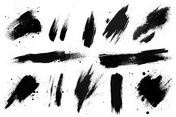 Poster - Black paint strokes and splatters arranged artistically on a white background for creative design projects