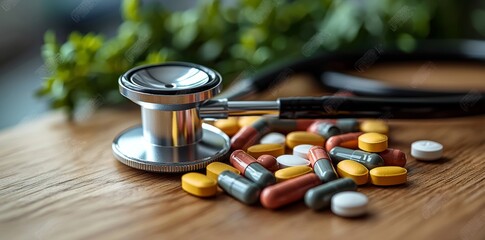 Wall Mural - Herbal capsules, traditional medicine, and a stethoscope placed on a wooden surface highlight the themes of health and wellness