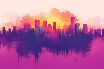 Fototapete - Vibrant city skyline at sunset with warm hues blending into a colorful horizon