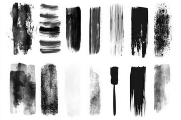 Aufkleber - Black and white brush strokes showcasing various artistic techniques and textures on a clean white background