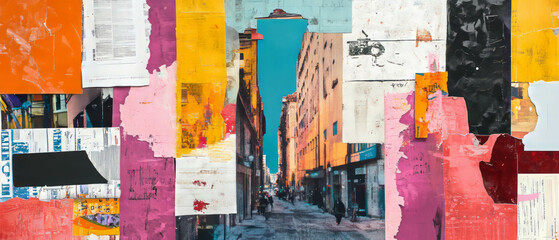 Poster - Minimalistic mixed media collage capturing a vibrant cityscape with textures and colors