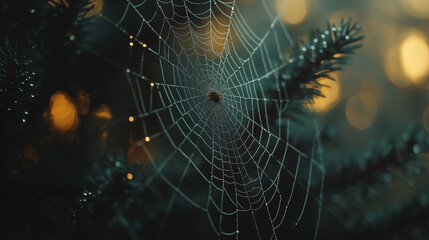  Close-Up of a Spider on Its Web: A detailed macro shot of a spider in the center of its intricate web, with morning dew droplets glistening under soft natural light in a forest setting