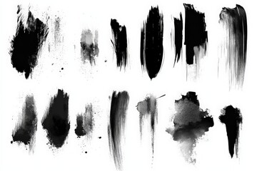 Poster - Black brush strokes on white background showcasing various artistic techniques and textures in abstract design