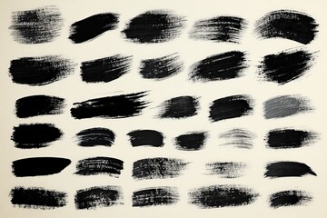 Poster - Variety of black brush strokes showcasing texture and technique on a canvas background