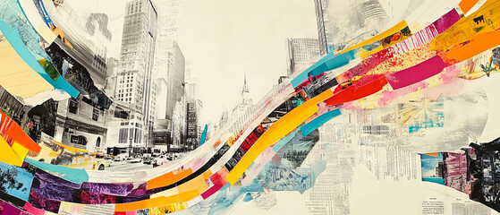 Poster - creative cityscape collage showcasing vibrant textures and flowing forms