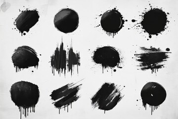 Poster - Various black ink splatters and brush strokes arranged artistically on a white canvas background