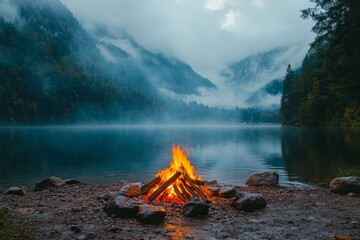 Aufkleber - Campfire beside serene lake surrounded by misty mountains during twilight hours in nature