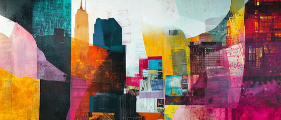 Poster - Exploration of urban landscapes through vibrant mixed media collage techniques