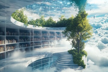 Poster - Exploring floating hologram books futuristic library interactive digital literature immersive environment aerial view imaginative concept