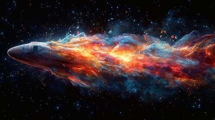 Poster - Highresolution 3D depiction of a layered shuttle formed by vibrant paint splashes against a sleek black background with soft lighting to highlight its intricate details