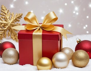 Wall Mural - A festive red gift box adorned with a golden bow, surrounded by golden and red ornaments.