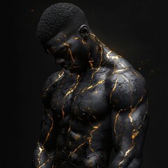 Poster - Highresolution 3D rendering of a black man body detailed with gold contours and textures prominently displayed in relief with a stark black background that highlights the golden features