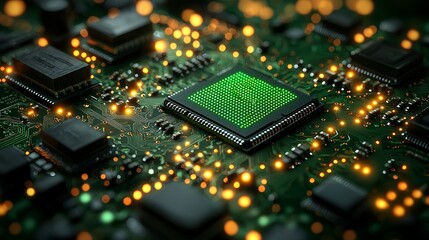 Poster - Digital technology banner with a green and blue background, reflecting cyber technology, circuits, abstraction, future innovation, data, internet, and network