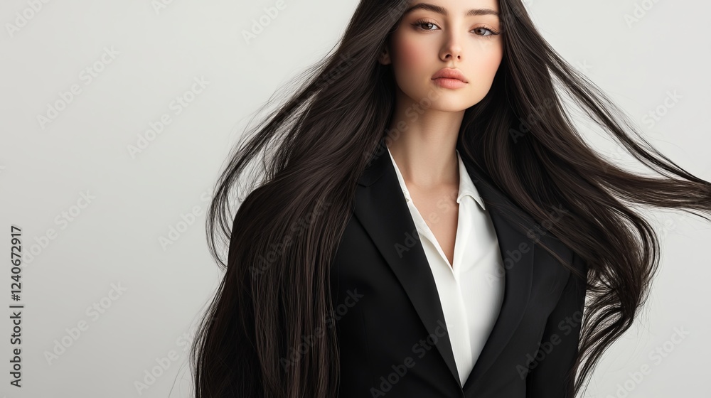 Professional woman with long, flowing dark hair wears a classic black ...